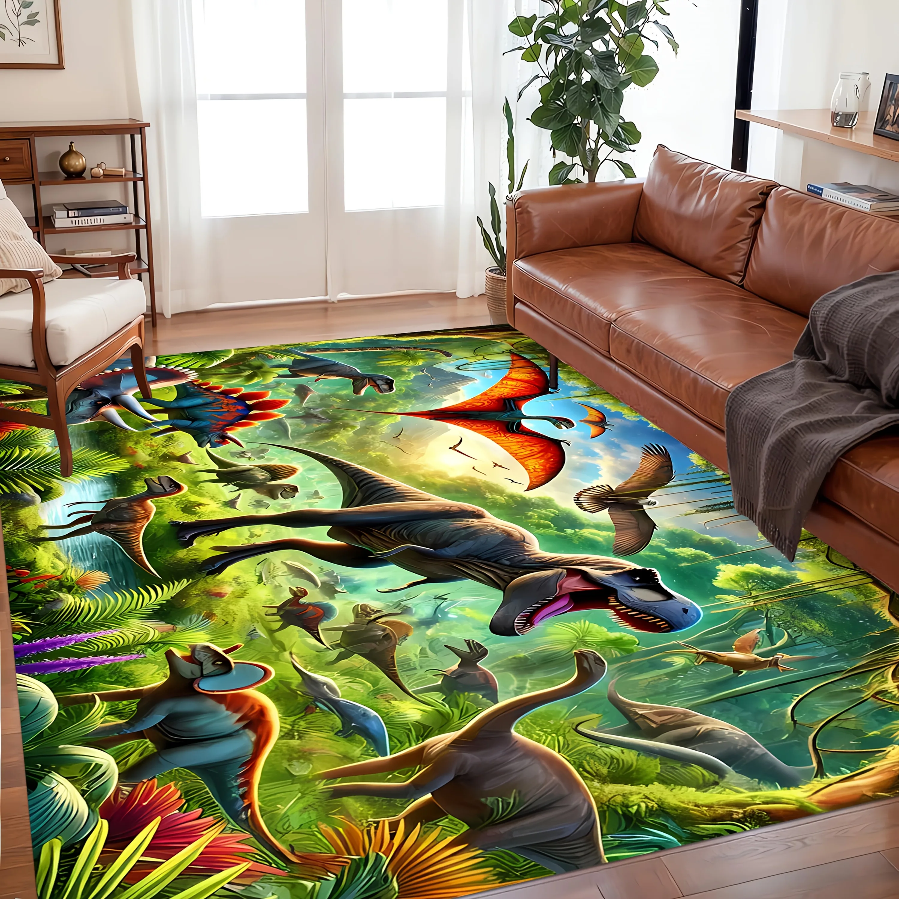 

Винтажный ковер с изображением динозавров из леса, ретро-коврик с животными джунглей, нескользящий напольный коврик, моющийся декоративный ковер для детской комнаты и гостиной