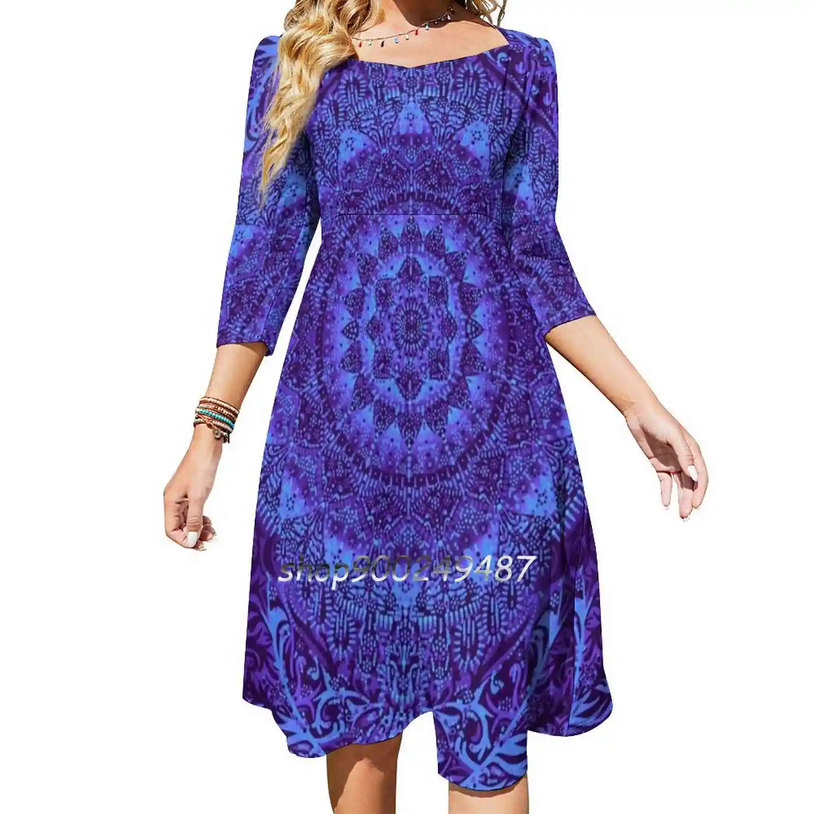 Indigo Mandala Sweet Elegant Dress Women Korean Kawaii Square Collar Dress Mandala Mandalas Dot Art Purple Blue Universe Energy