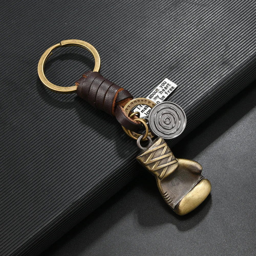Europe and the United States popular creative keychain men and women small gifts alloy bronze boxing gloves retro woven cowhide