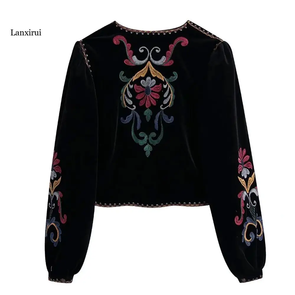 Women Fashion Contrast Embroidery Velvet Crop Open Blazer Coat Vintage Long Sleeve Female Outerwear Chic Veste Femme