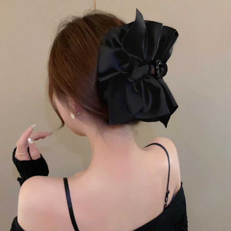 Large Black Bow Satin Hair Claw Clip Elegant Non-Slip Strong Hold Grip Hair Jaw Clip Headwear For Women Girls Hair Accessories