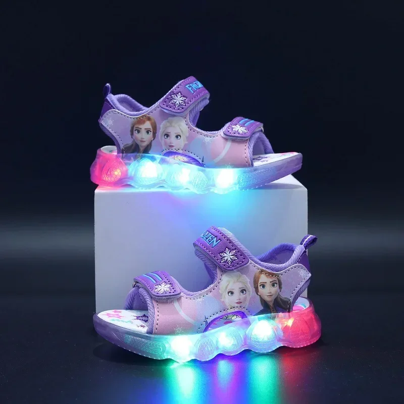 Disney Summer Girls Fashion Frozen Elsa Princess Led Light Up Luminous Sports Sandals Kids Non-slip Outdoor Sandals Toddler Shoe