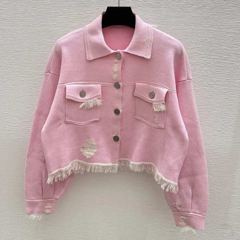 

High-quality holey fringed ruffle women's cardigan with gathered cuffs sweater Korean sweet style 25100474