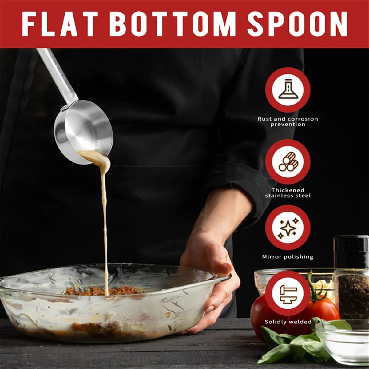 B60APizza Spread Sauce Ladle Rubber Handle Flat Bottom Kitchen Cooking Spoon Stainless Steel Measuring Stir Soup Spoon -2 Oz