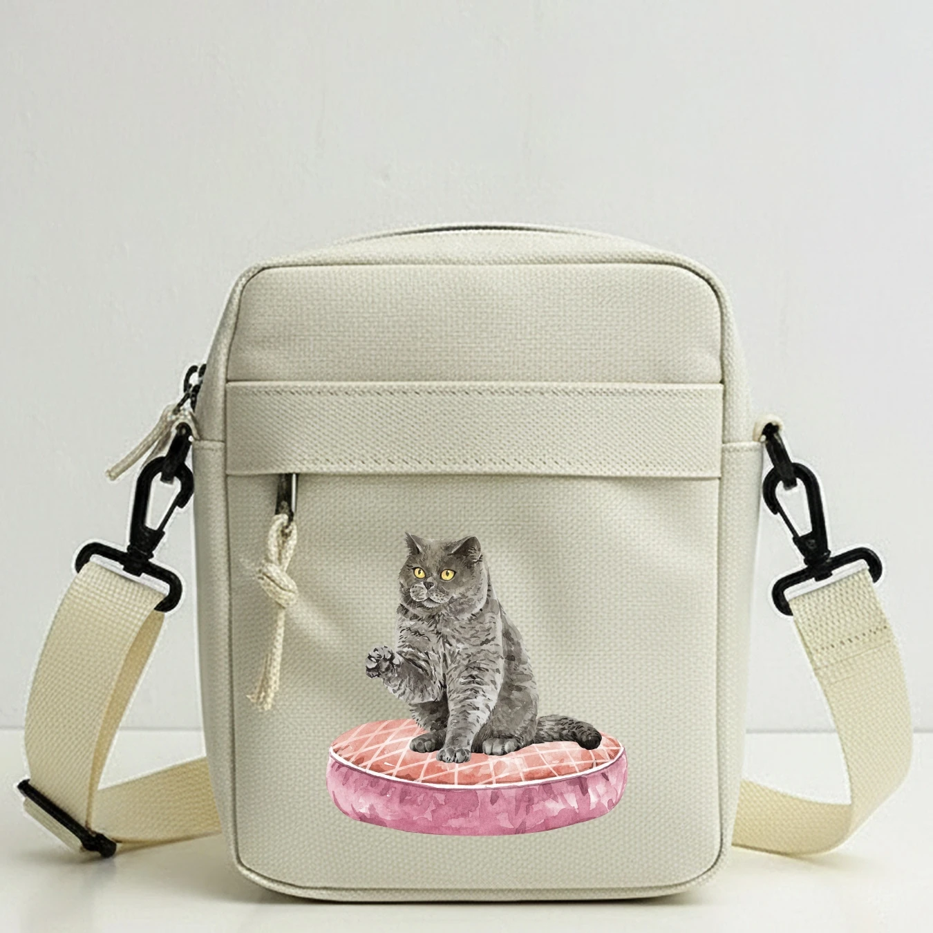 Stylish Lazy Cat Watercolor Mini Shoulder Bag with Removable Strap Zip Closure for Daily Use Cycling Travel Date Party School