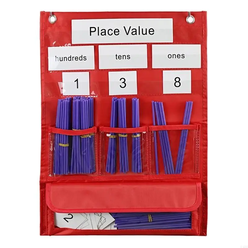 D5BB Counting Caddie & Place Value Pocket Chart 7 Pockets Classroom Counting Pocket Chart with Straws for Preschool