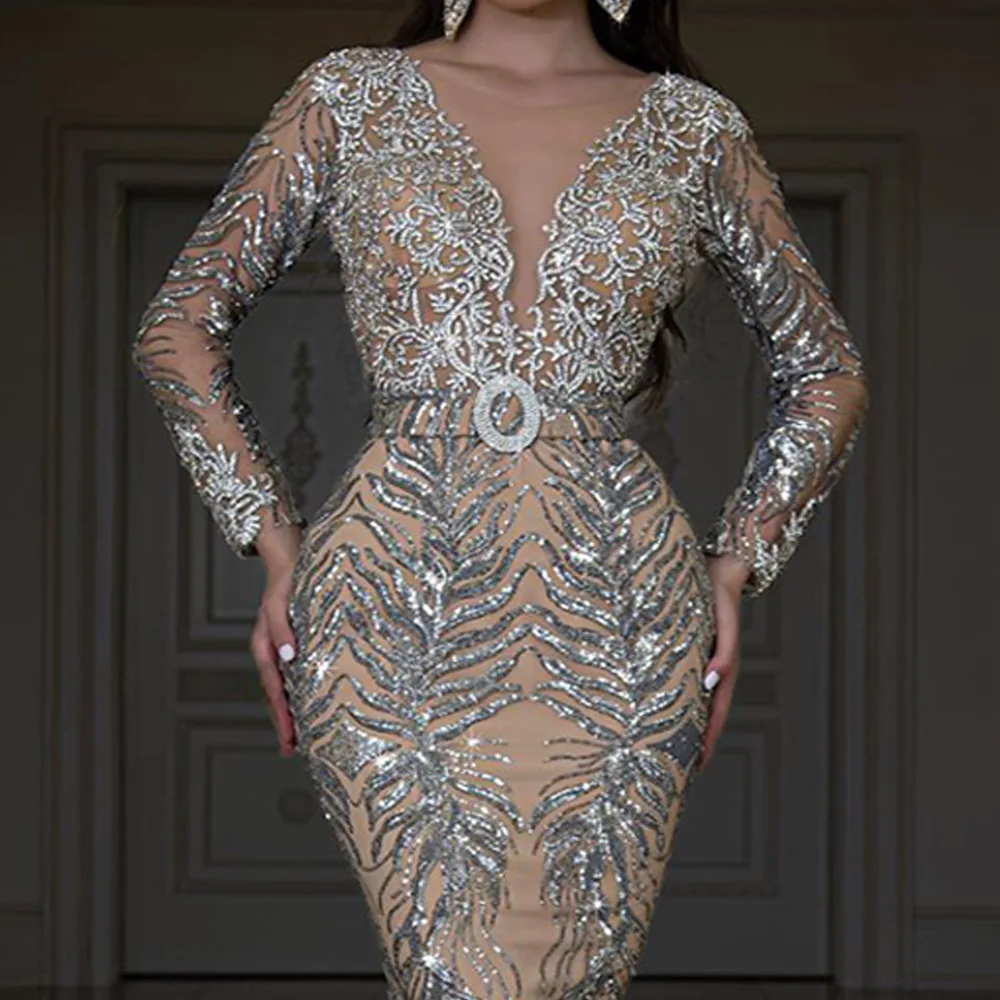 

2026 European and American women's dress with gilded long sleeves, a slimming and sexy fishtail floor-length evening dress