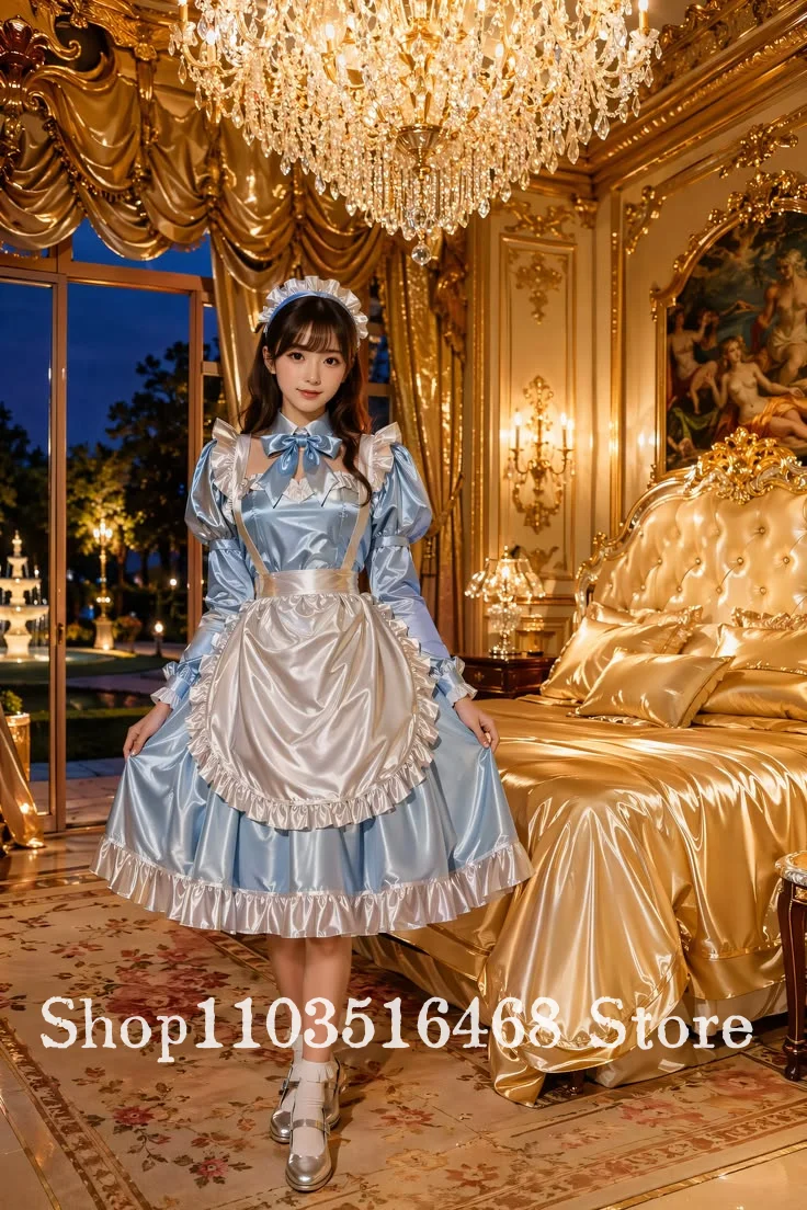 Himmelblaues viktorianisches Ballkleid, Dienstmädchen-Kostüm mit Schleife, maßgeschneidertes Kleid für besondere Anlässe, schimmerndes Satin-Partykleid, Halloween-Kostüm