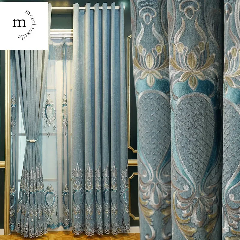 European Style Luxury Chenille Curtains for Living Room Bedroom Dining High Blackout Hollow Embroidered Window Drape Custom Size