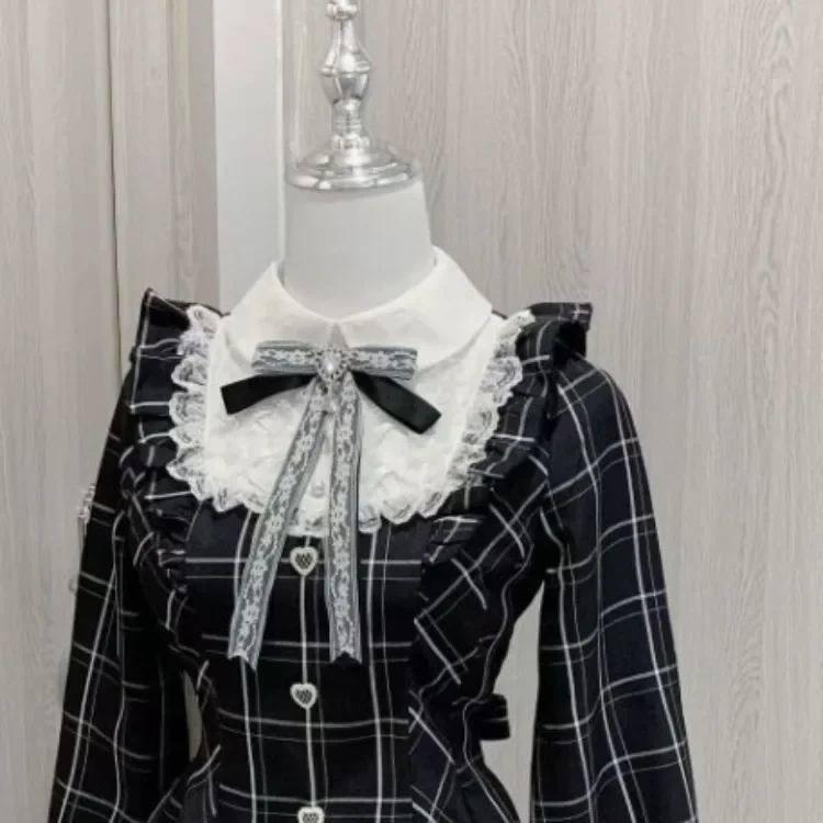 Harajuku Sweet Bow Black Plaid Dresses All-match Slim Fit Kawaii Lolita Dress for Women Autumn New Long Sleeve Vestidos De Mujer