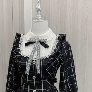 Süße Harajuku schwarze Bogenplaidkleider All-Match feine Anpassung Kawaii Lolita Kleid für Frauen Herbst neue Ärmel Mujer-Kleider 10 Hauptverkaufskleid - №6