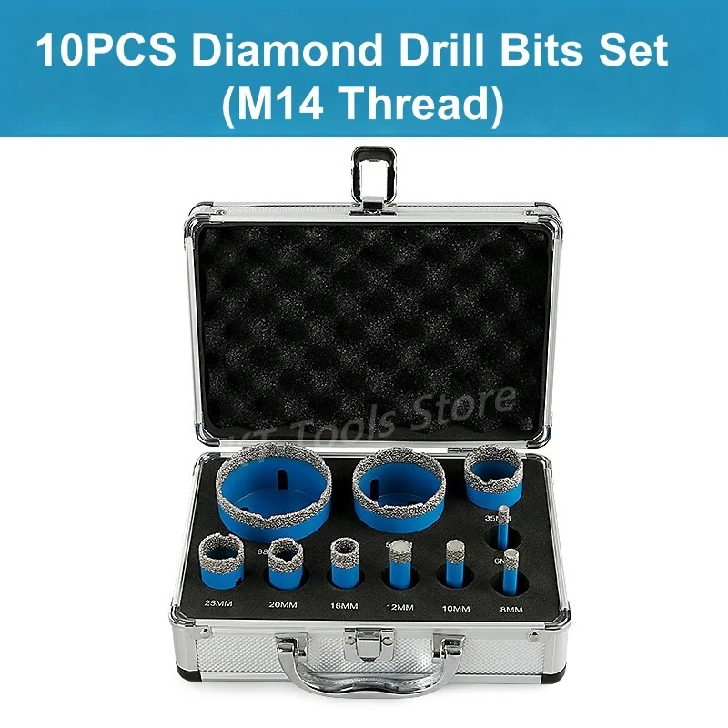 

10Pcs 6mm-68mm Brazed Drill Bit Kit M14 Thread Diamond Drill Bit Hole Saw Set Ceramic Tile Granite Marble Stone Hole Opener Tool
