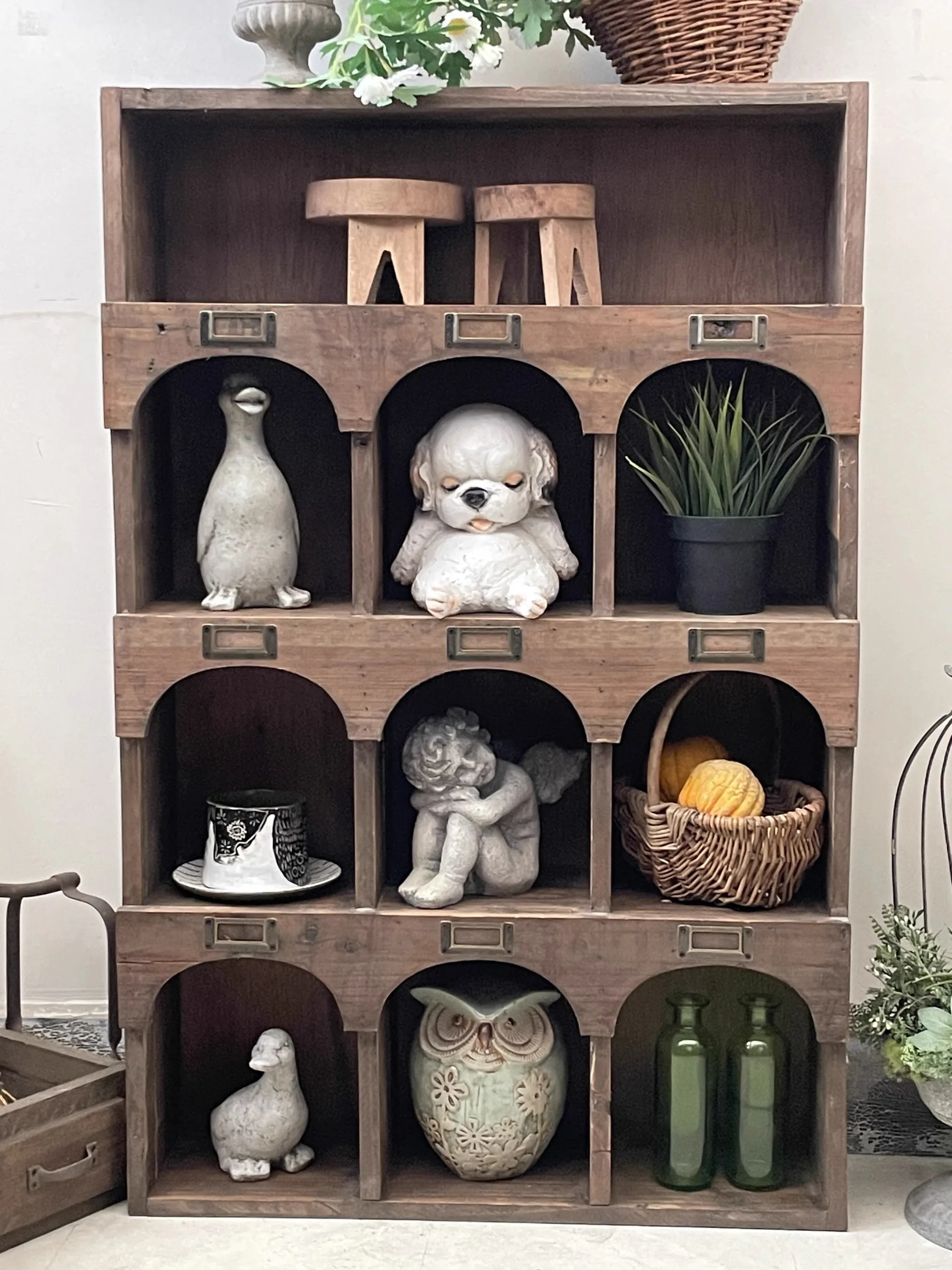 Handmade Rustic Solid Wood Wall Cabinet 9-Cubby Display Shelf Vintage Tabletop Organizer for Home Garden Decor