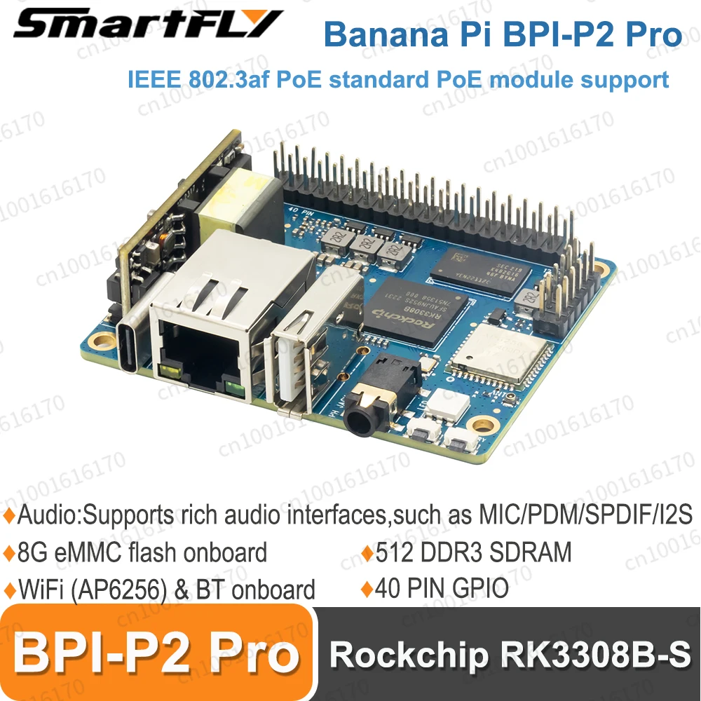 

Banana Pi BPI-P2 PRO Rockchip RK3308 Development Board With POE Module 40 PIN GPIO 512M DDR3 8G eMMC Support WiFi Bluetooth