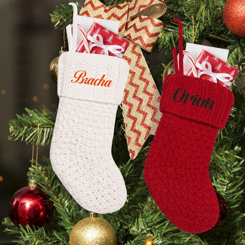 Personalized Printing Christmas Decoration Solid Color Knitted Christmas Socks Country Style Knife and Fork Set Fireplace Hangin