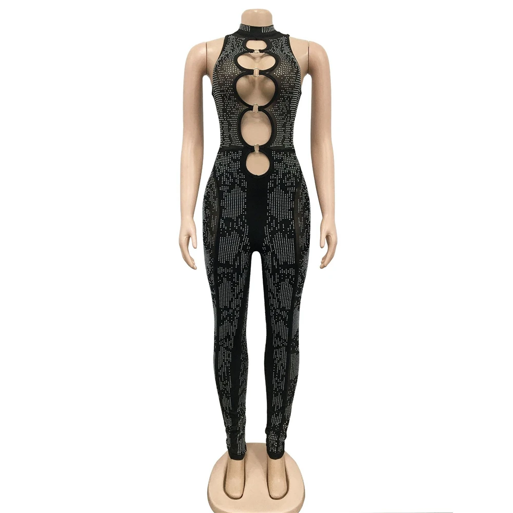 Women Sexy See Through Hot Drilling Bodycon Romper 2022 Fashion Overalls Party Clubwear Mesh Patchwork Cut Out Jumpsuits