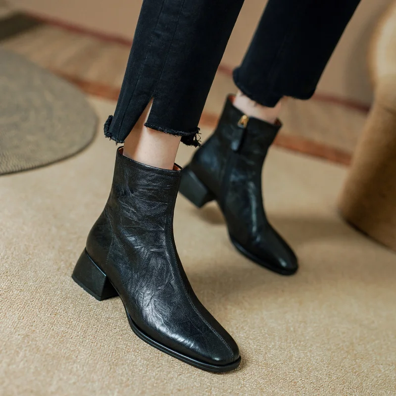 Woman Ankle Boots Sheepskin Shoes French Style Winter Boots Side Zip Autumn Spring Basic Botas Real Leather Elegant Shoes