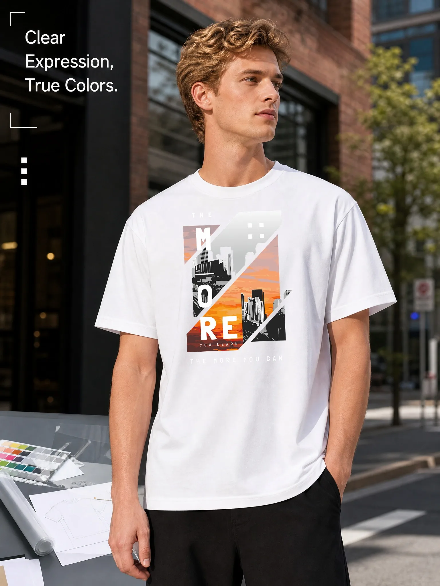 Men's White Loose-Fitting Round-Neck Short-Sleeve T-Shirt with Letter City Print, Casual Street Style, Versatile Trendy Item for Everyday Wear, Comfortable and Breathable