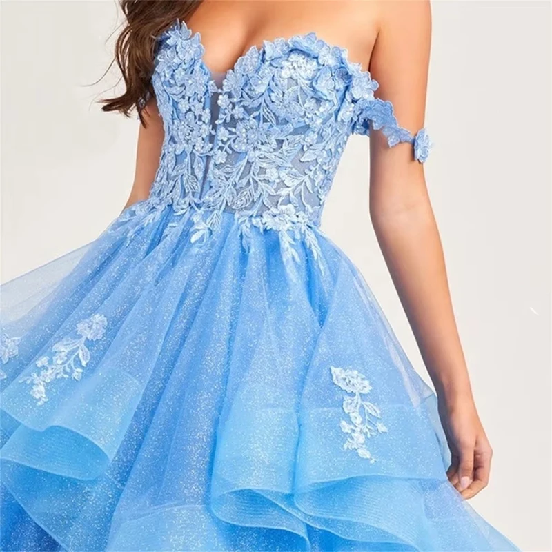 Robe de bal élégante bleu clair, épaules dénudées, avec des appliques florales, en Tulle à plusieurs niveaux, robe de soirée trapèze bouffante