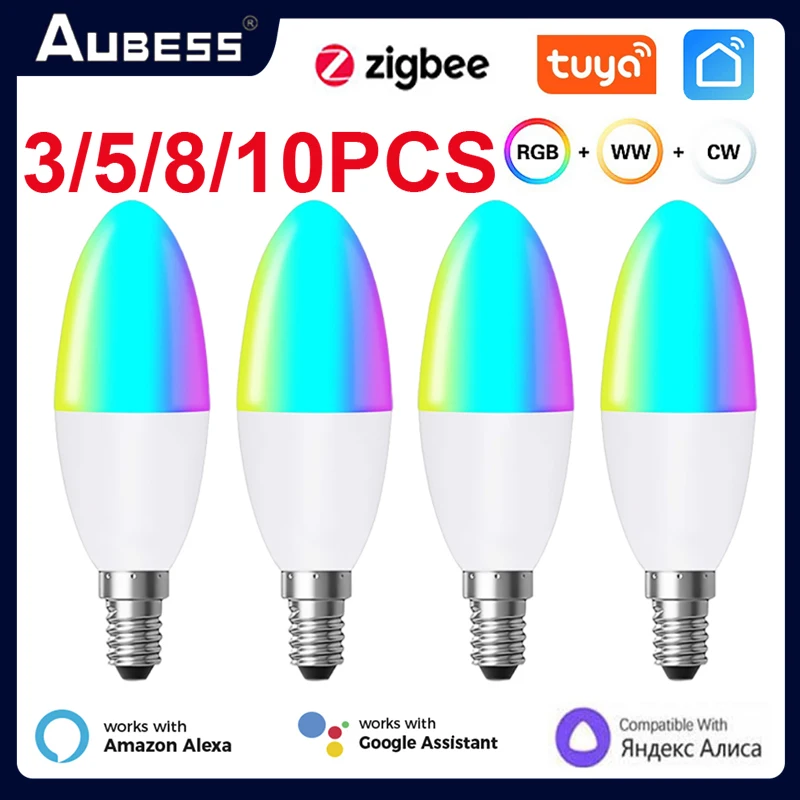 Aubess Tuya E14 Smart ZigBee świeca żarówka europejska żarówki RGB lampa LED WW przez inteligentne życie Alexa Google Home Alice