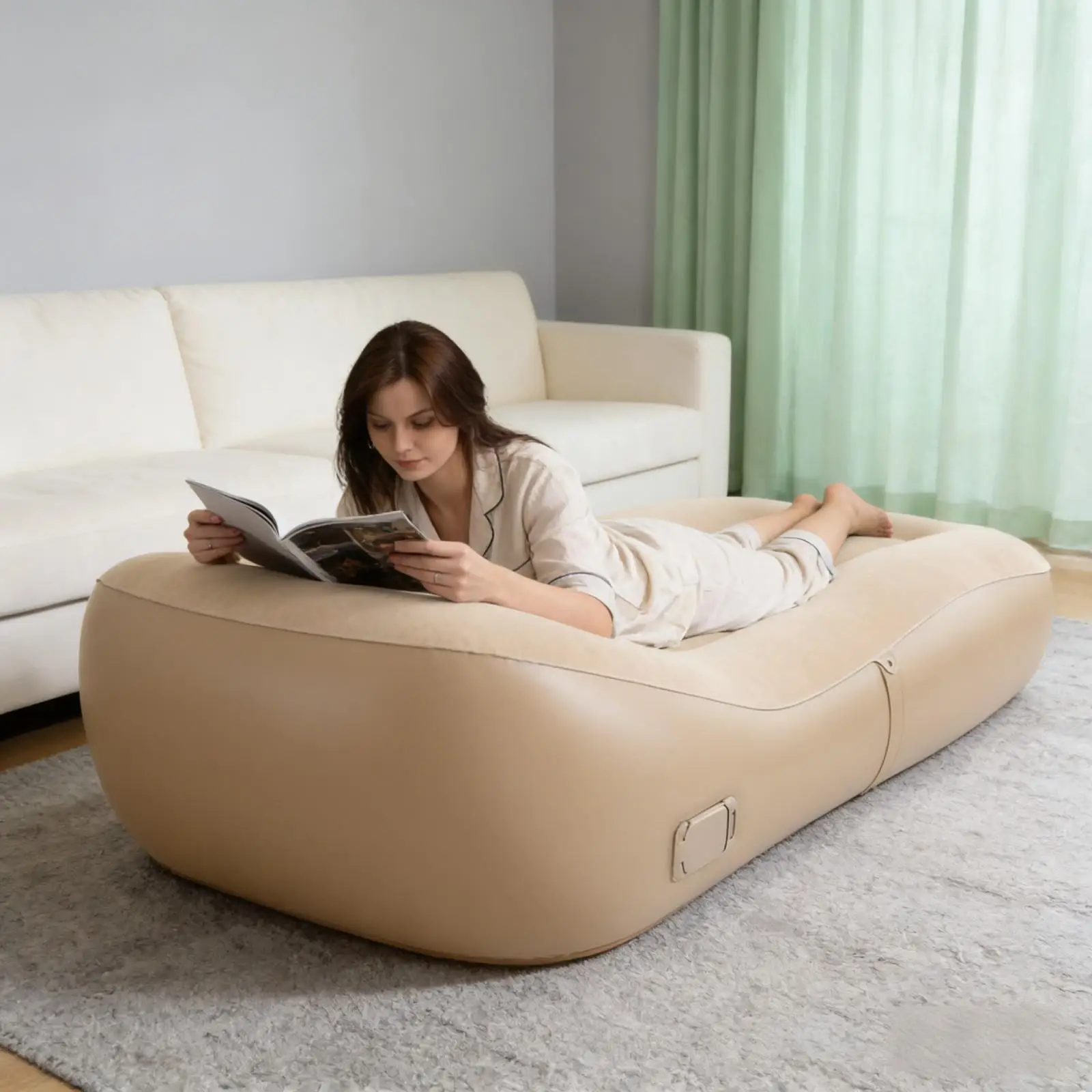 180 x 76 x 55 cm Khaki Elektrisch aufblasbares Sofa Camping-Luftbett aus beflocktem PVC + quadratisches Doppelnutzungs-Luftbett