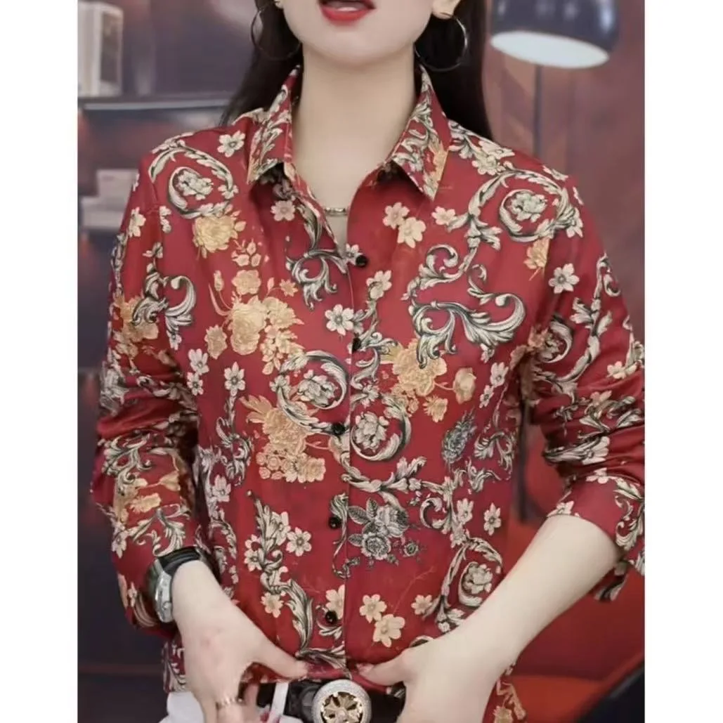 Business Casual Long Sleeve Men's Shirt Vintage Floral Print Anti-Wrinkle Versatile  Collar Polyester Fiber Gentleman's Wear