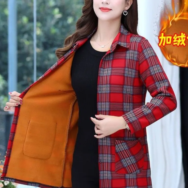 Women\'s Autumn Winter Fashion Elegant POLO Collar Plaid Button Pocket Plush Casual Long Sleeve Slim Fit Mid Length Shirt Tops