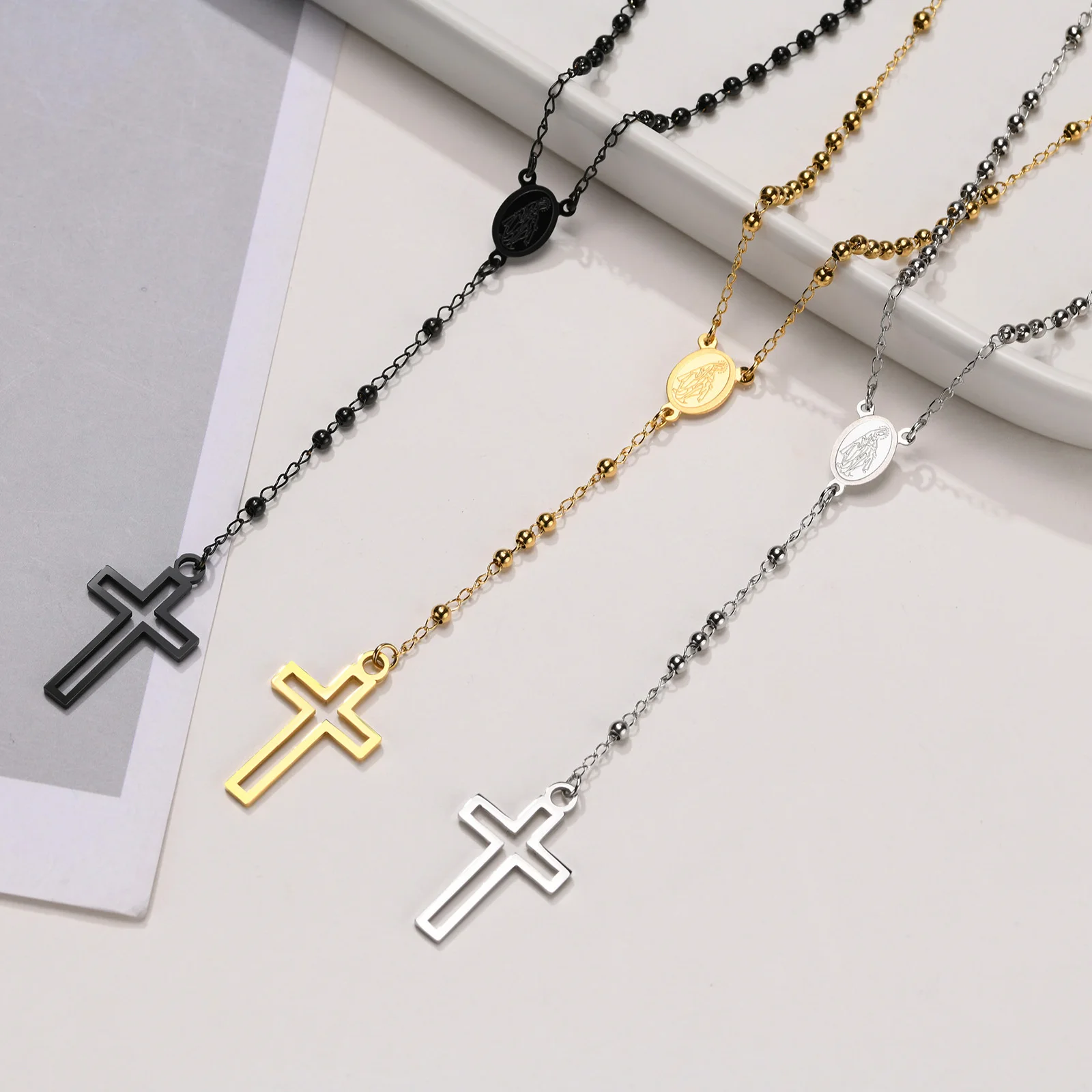 Mprainbow Hollow Cross Rosary Necklaces for Men Women,Virgin Mary Religious Necklace,Stainless Steel Christ Jesus Prayer Jewelry