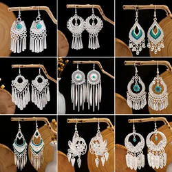 Ethnic Tibetan Silver Color Earrings Turquoise Flower Long Feather Tassel Dangle Earrings for Women Nepal Indian Jewelry Gifts