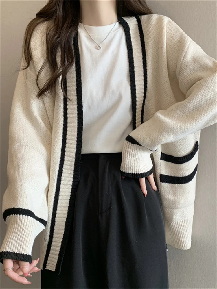 

Oversized Cardigans Women White Knitted Sweaters Winter Korean Preppy Style Loose Coats Ladies Long Sleeve Tops Cardigan Mujer