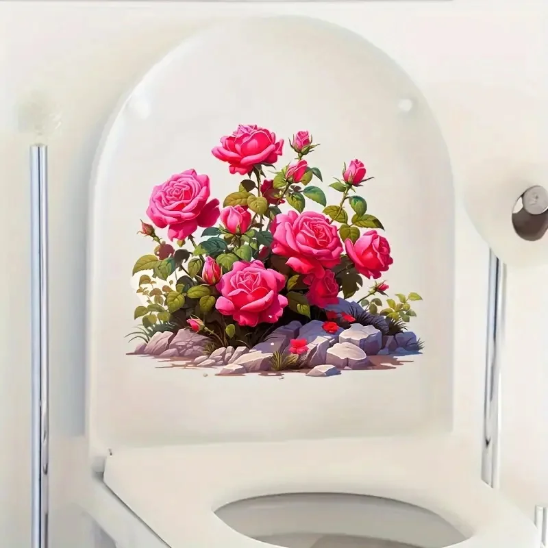 Pink Rose Toilet Stickers, Bright Wall for Home, Cabinet, Door,Refrigerator  Decoration, Vinyl Car Decals, Art Wallpaper, Poster