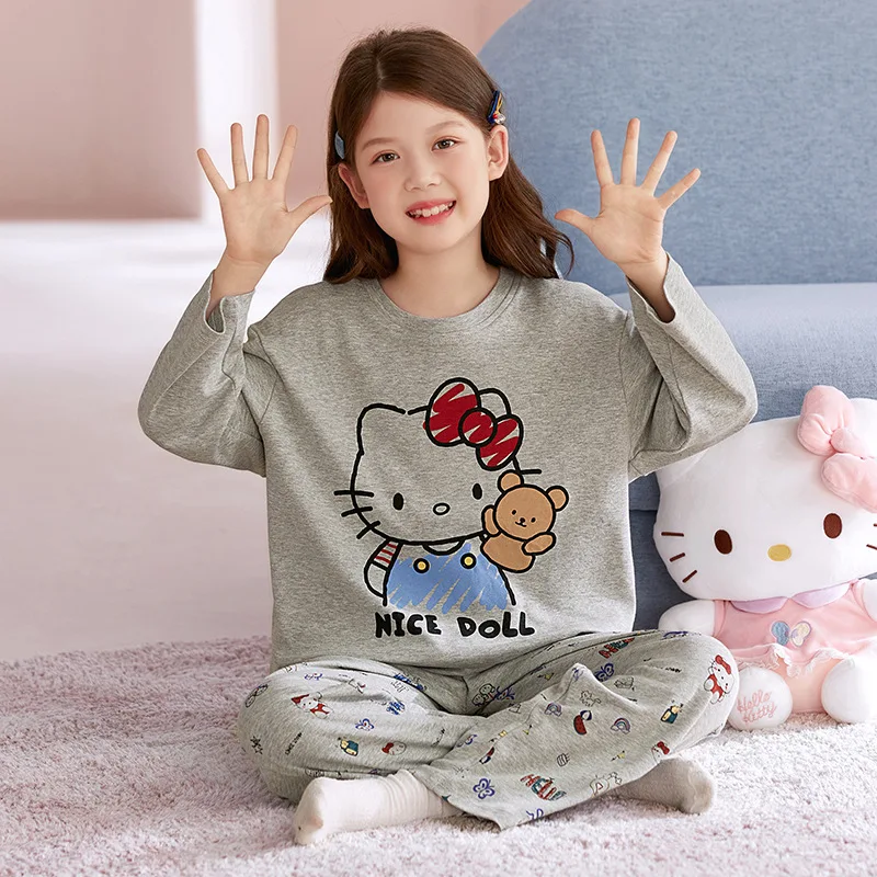 

Детская пижама Sanrio для девочек, весна-осень, новая, с длинными рукавами, домашняя одежда, хлопковый комплект с мультяшным принтом, тонкий, удобный, милый (Кавай)