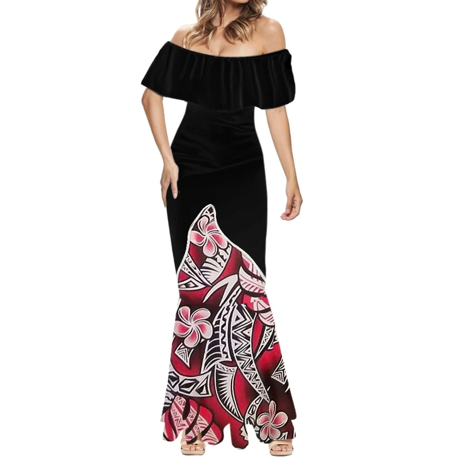 PolynesiaTattoo Print Elegance Party One-Shoulder Beach Dress Summer Women Clothin Formal Occasion Short Sleeve Fishtail Dress