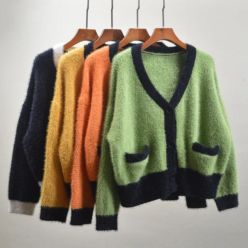 Maglione cardigan lavorato a maglia V-Ne ort impermeabile Cappotto da donna in maglia dolce Sle Color Blo Loose Fit lungo Sve