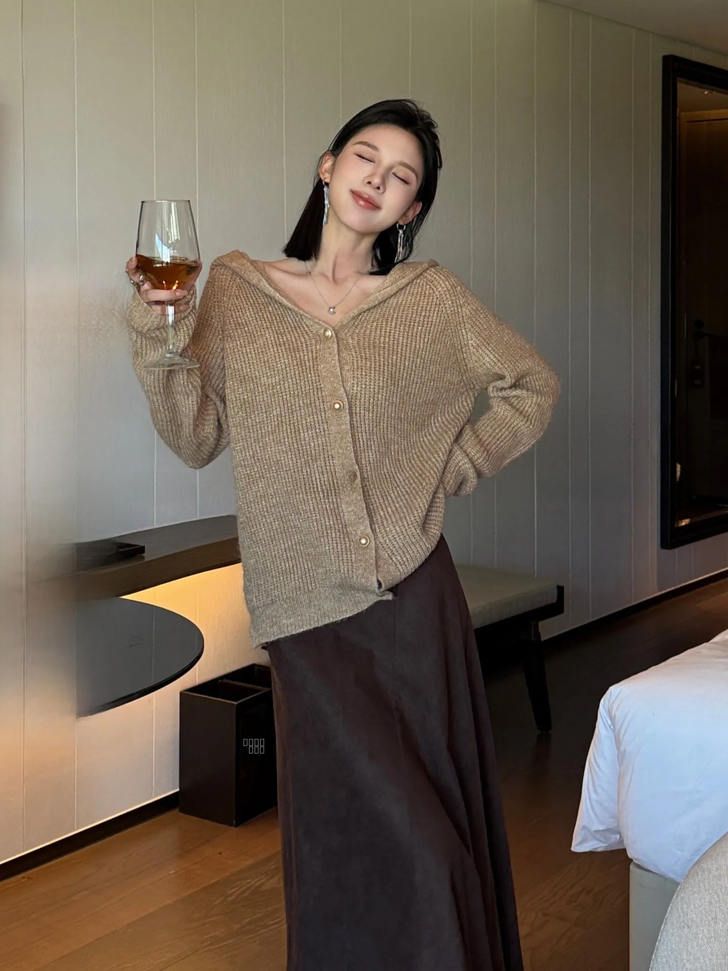 

Wen Jiang Vintage Woolen Knitted Open Cardigan Women's Winter Khaki Loose Sweater Jaet Korean Sle Regular Fit Long Sve