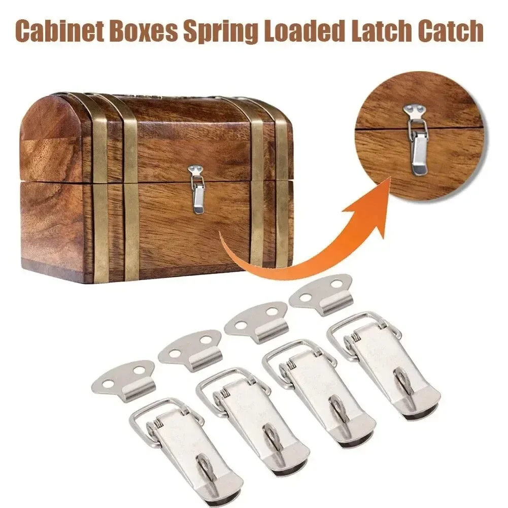 4Pcs Latch Catch Duck-mouth Buckle Hook Wooden Box Hasps Clamp Stainless Steel Spring Catch Clasp Loaded Draw Toggle Clamp Hasps
