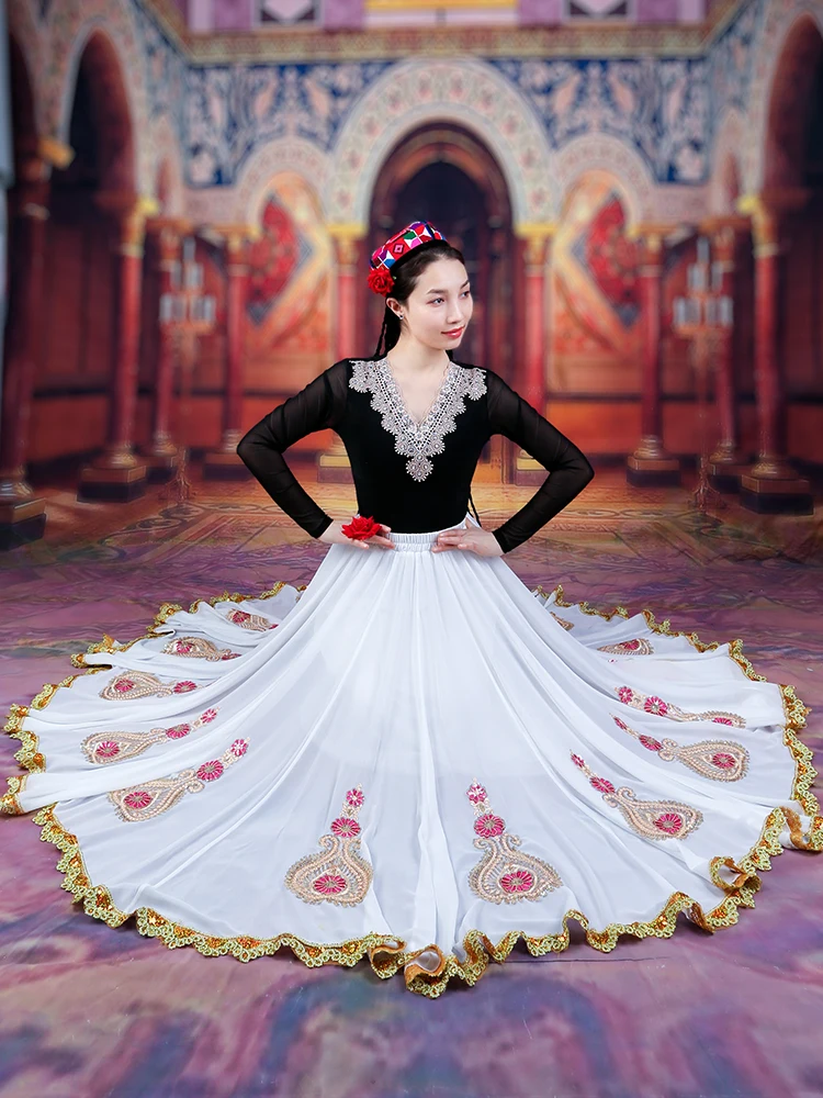 

720 Degree Chinese Traditional Xinjiang Dance Skirt for Women Spanish Flamenco Dress Big Swing Vintage Tibetan Dancewear