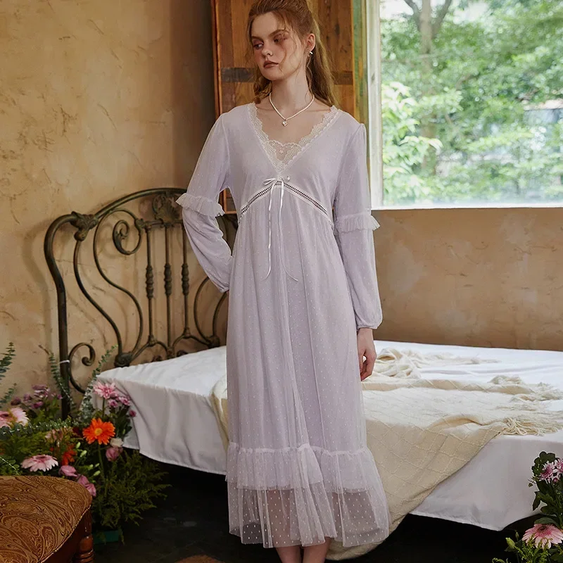 Vintage Autumn Loose Mesh Night Dress Women Fairy V Neck Full Sleeve Nightdress Lace Long Nightgown Princess Sleepwear Nightwear