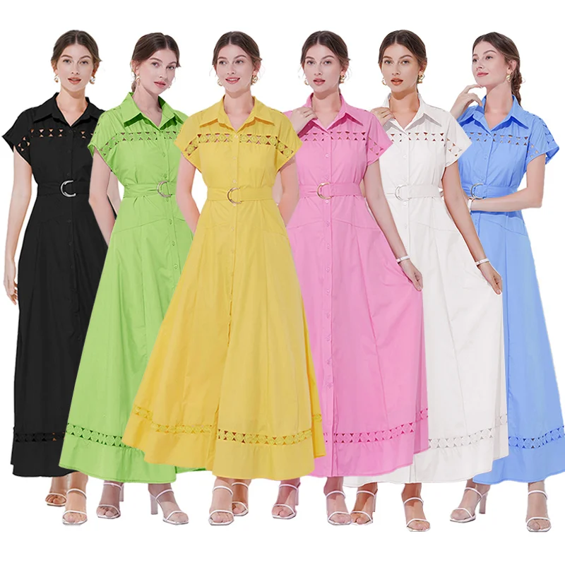 

Платье макси Briti Sle Candy Color с воротником, свободного кроя, с коротким рукавом, с вырезами и кружевными вставками, для отпуска, в уличном стиле, миди...