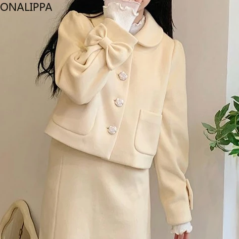 Onalippa Sweet Flower Buttons Bows Jacket Women Solid Peter Pan Collar Kawaii Coats Korean Gentle Wind Puff Long Sleeves Coat