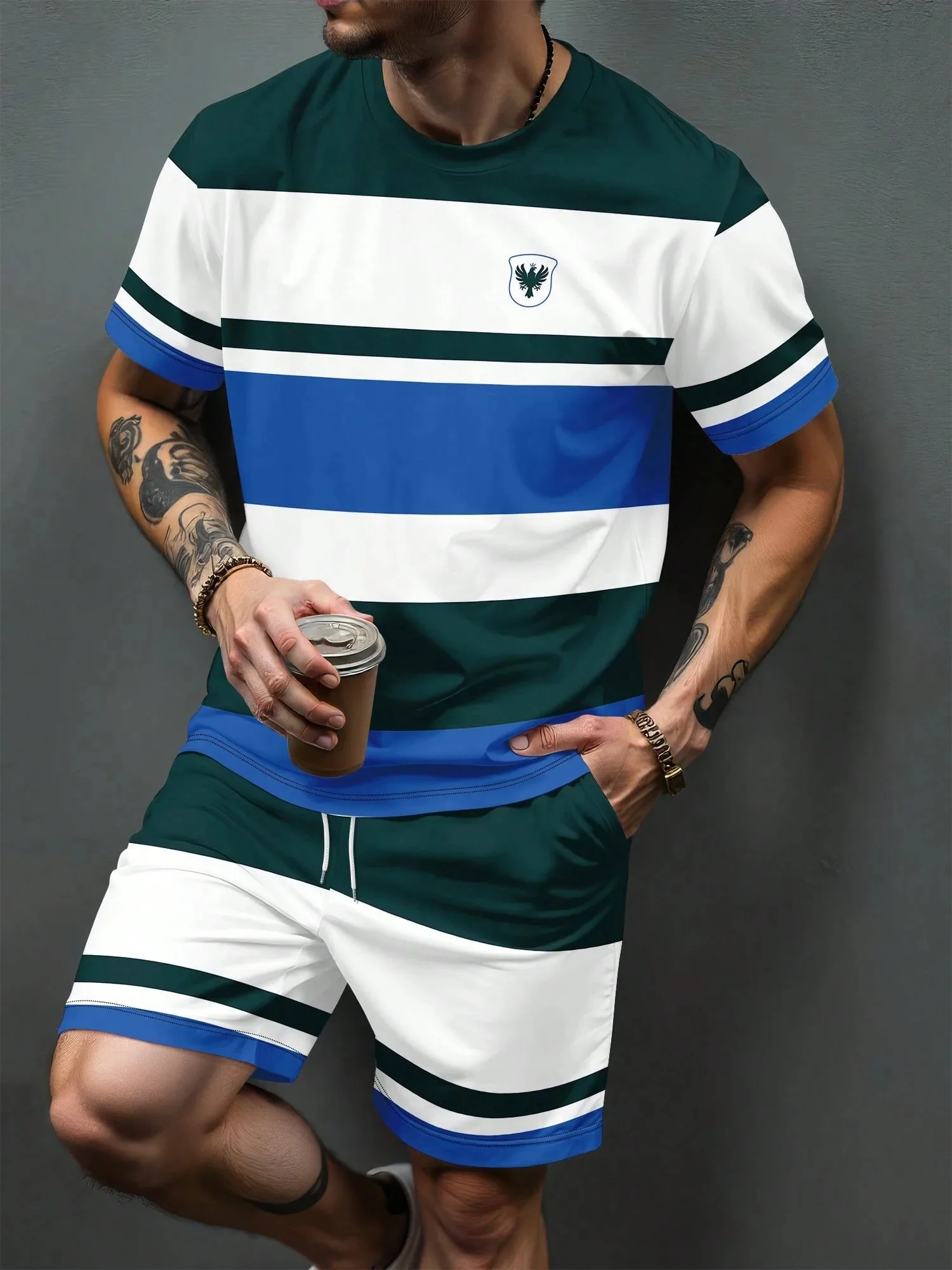 

2026 Summer Men's Suit with Stripes Print Breathable Lightweight Casual and Fashionable Outdoor Men's Clothing