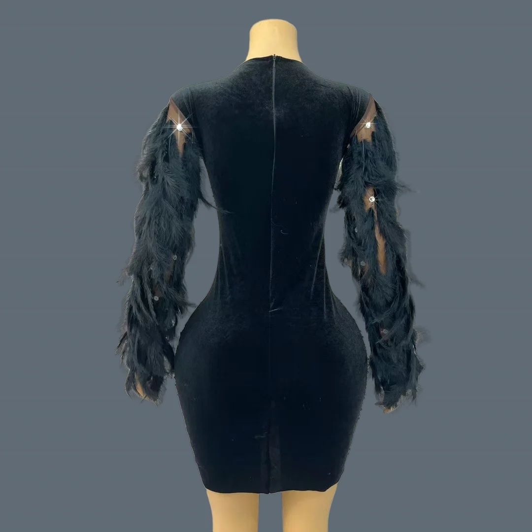 Black Feather Long Sleeve Brown Mesh Dress Birthday Party Sexy Women's Dress Sparkly Crystals Tight Short Skirt Suixingdiandian