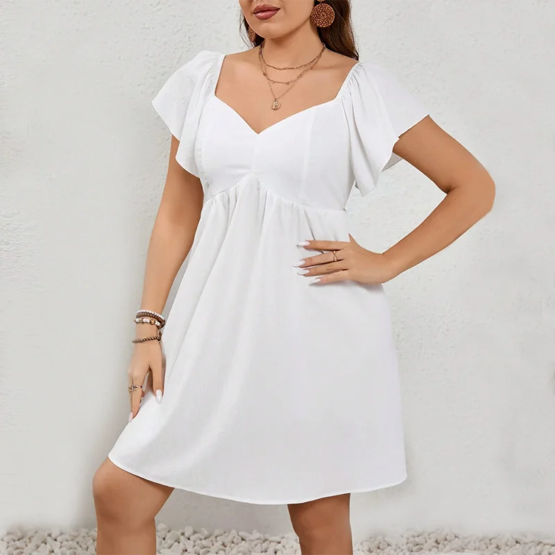 2024-Border European and American plus Size Women's Clothes Square Collar Ruffle Sleeve Backless Lace up Casual Vacation S