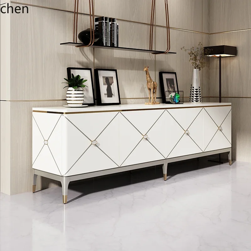 W5.19 American light luxury TV cabinet ivory white piano paint European living room storage solid wood floor cabinet