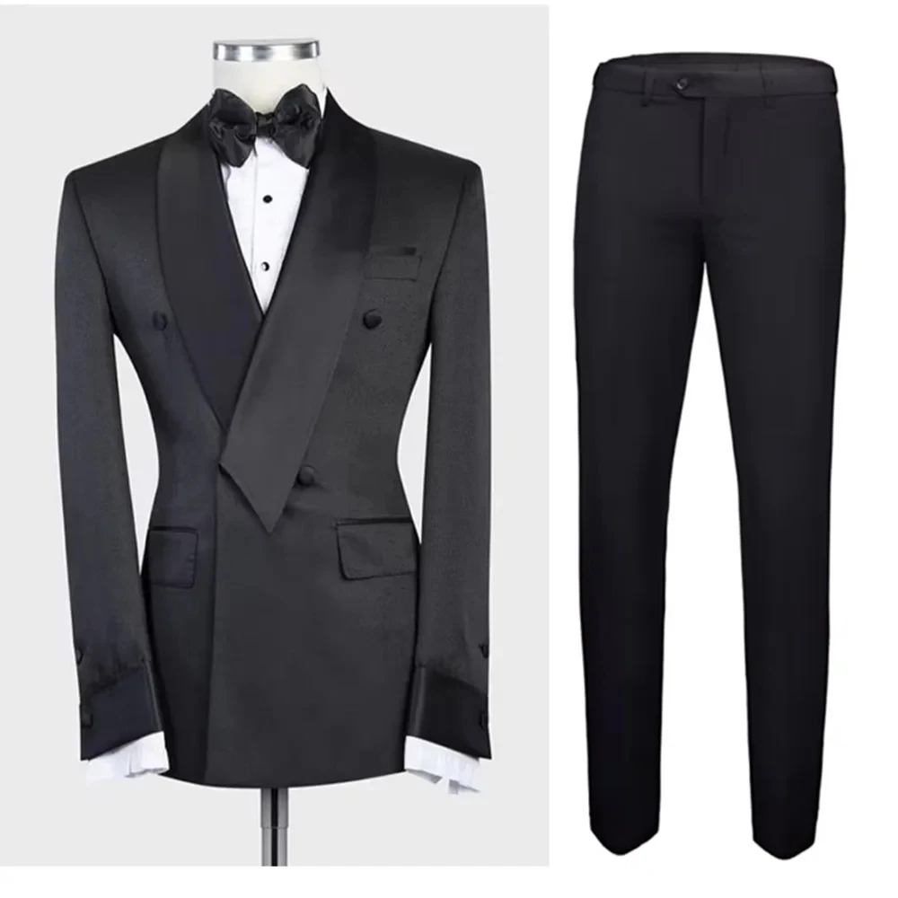 

Black Men Suits Regular Length Full Set 2 Piece Jacket Pants Formal Double Breasted Shawl Lapel Wedding Groom Prom Custom Outfit