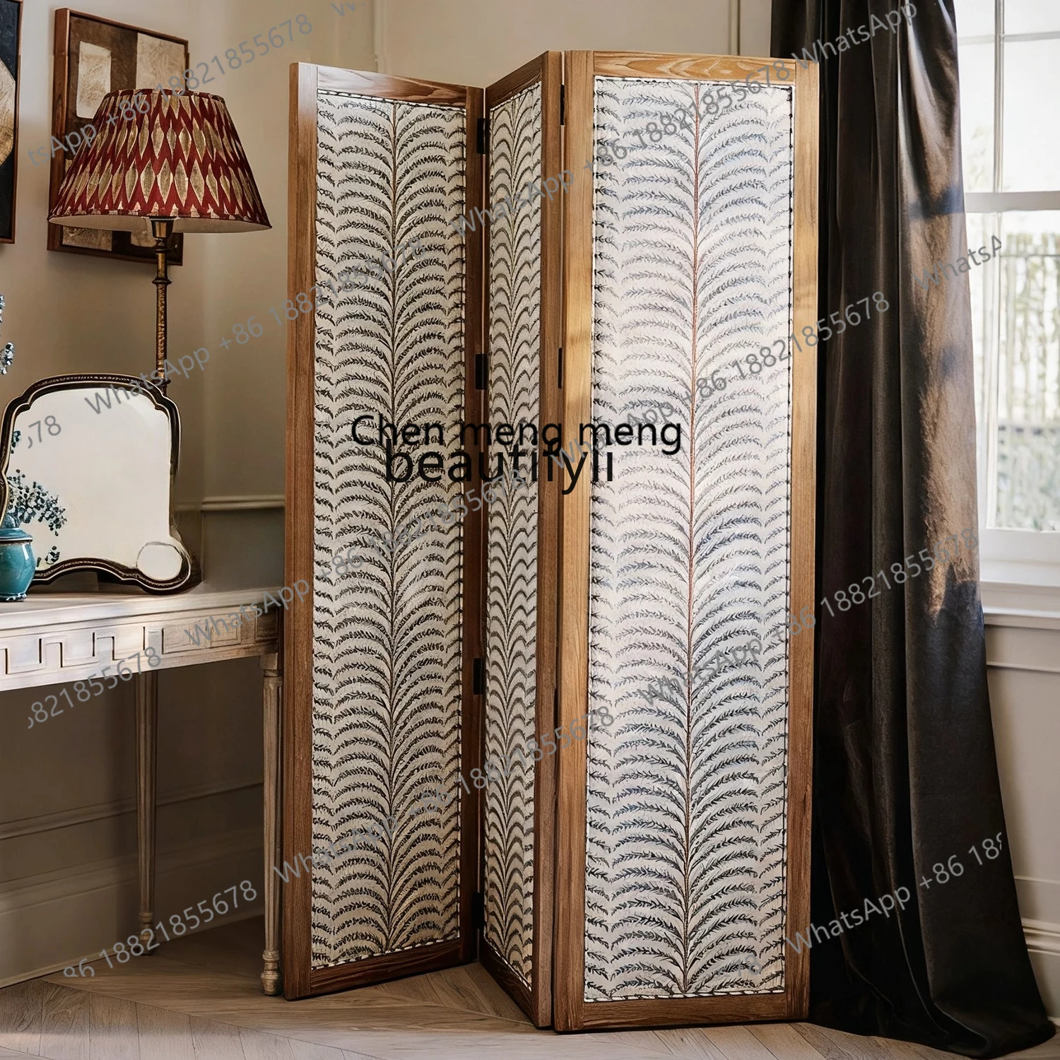 X  Retro solid wood screen living room entry partition, bedroom movable, art folding wall
