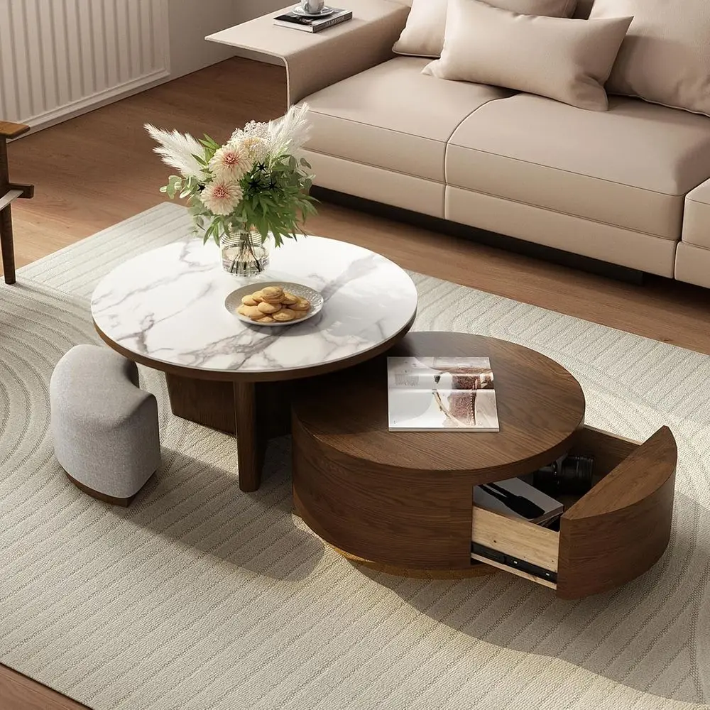 

Modern Round Marble Top Walnut Coffee Table Set with Drawer and Stools for Living Room