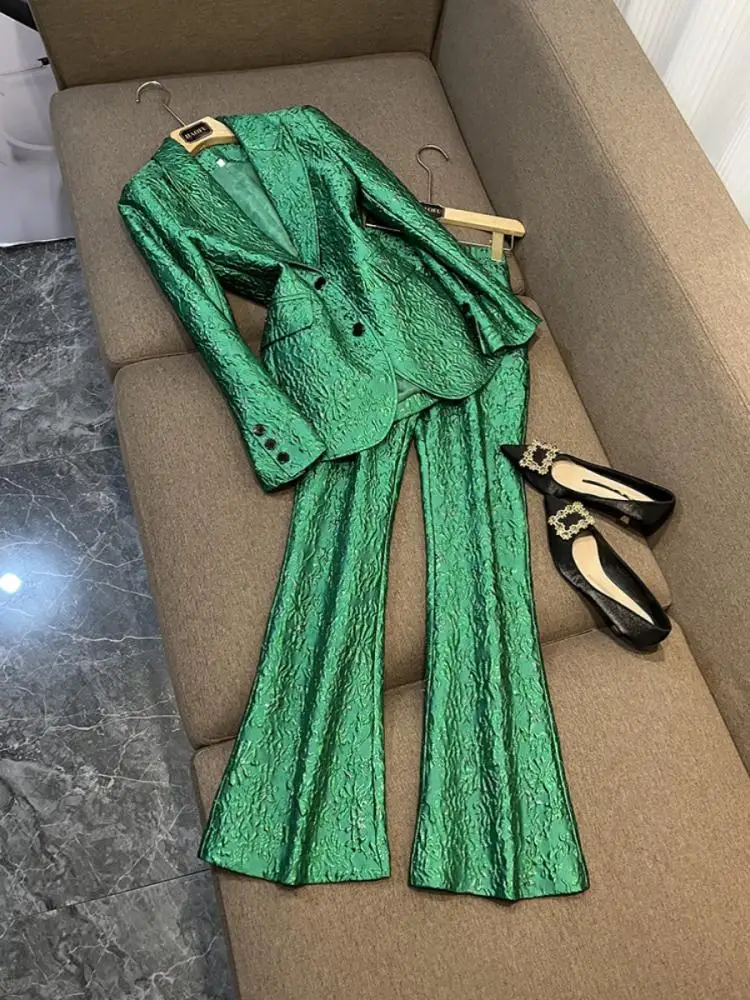 Green Three Dimensional Blazer Pantsuits Performance Stage Classic Jacquard Embroidery Pattern Pants Sets Festival Outfits Women