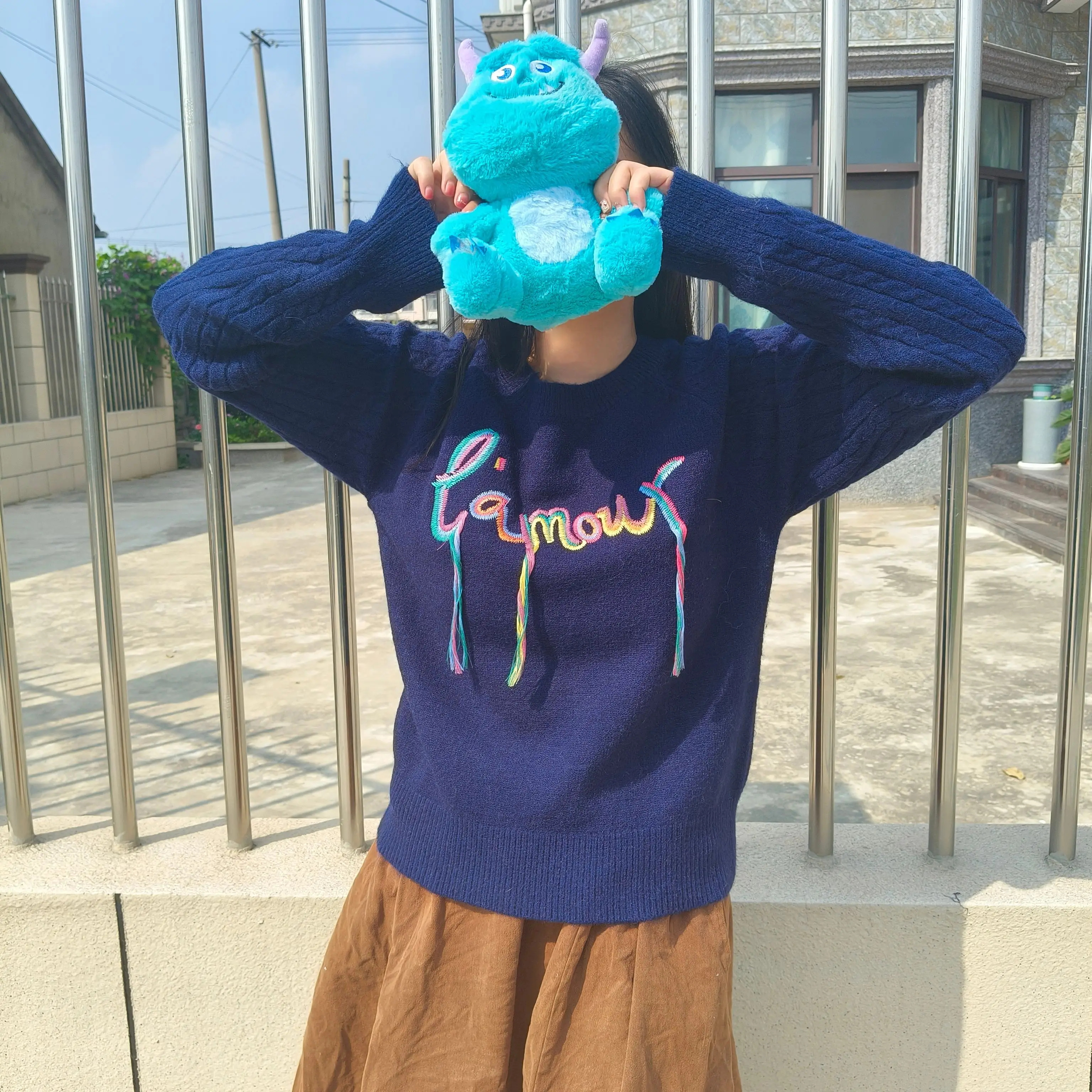 Korea Fashion Tassel Embroidery Oversized Sweater Women Autumn Casual O-neck Knitted Tops Commute Loose Pullovers Jumper