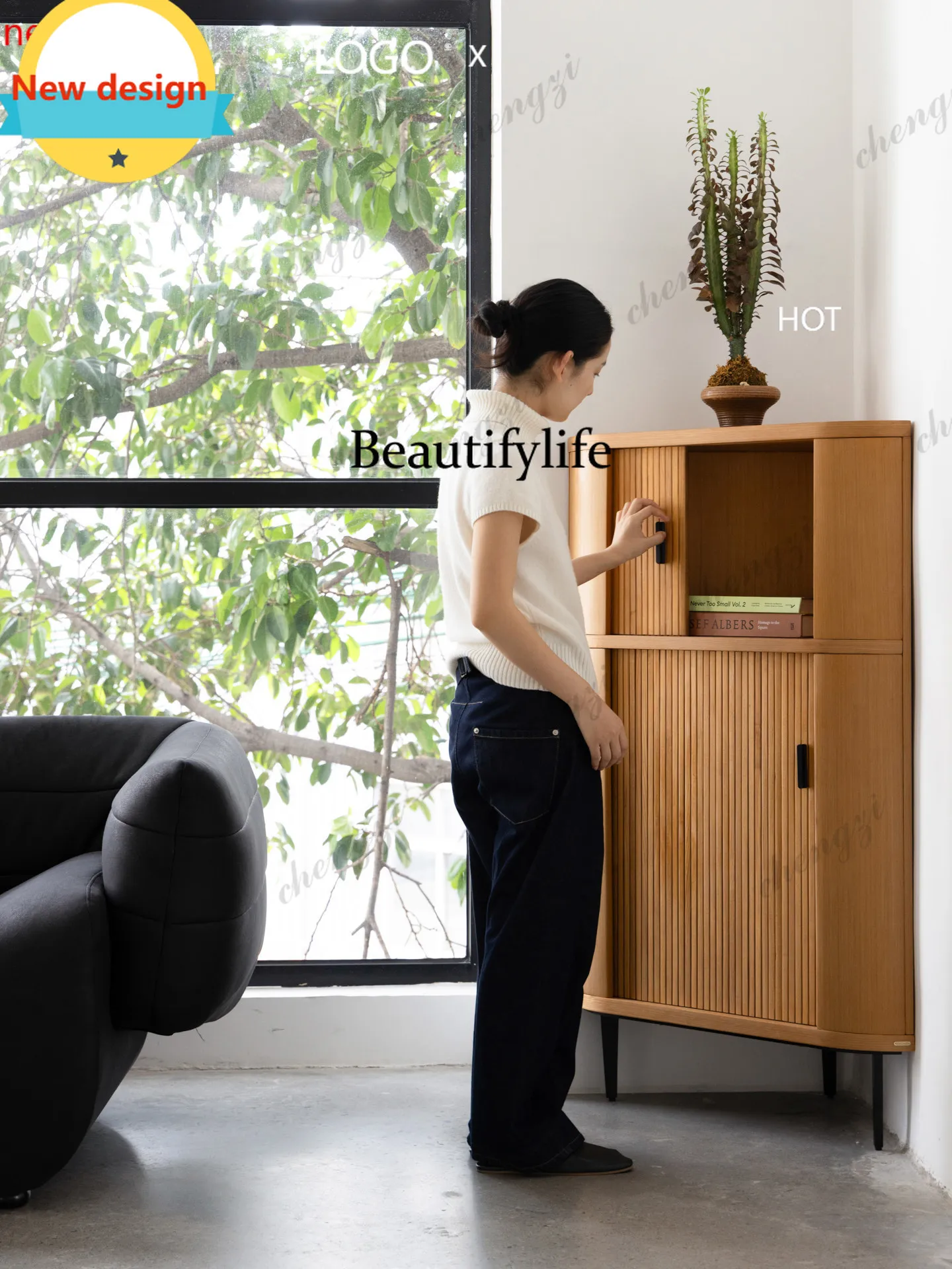 D8000    Medieval roller shutter corner cabinet, double-layer large-capacity storage, solid wood bookcase living room